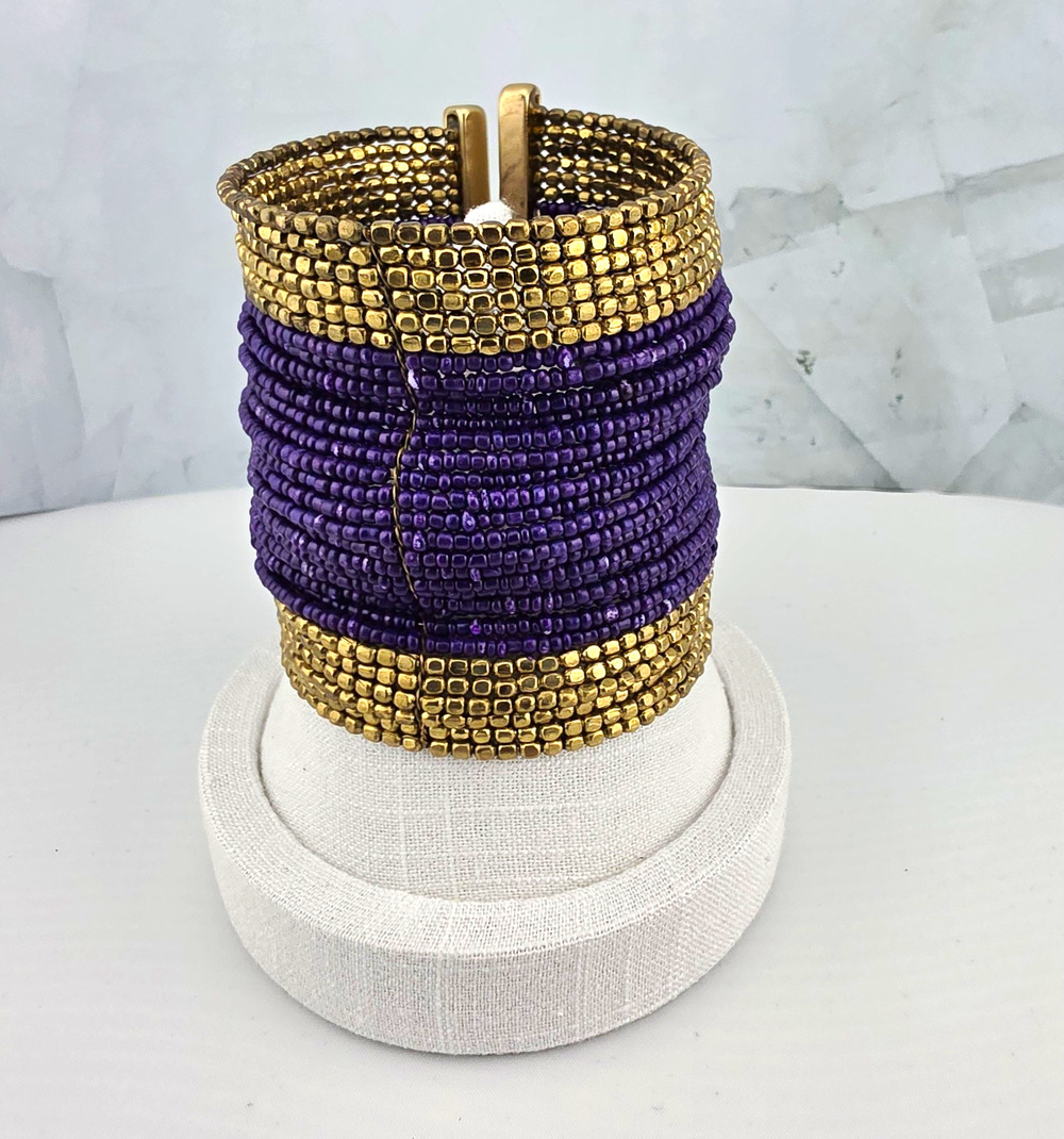 Gold Tone & Purple Beaded Wide Cuff Bracelet Open Stackable Metal Beads